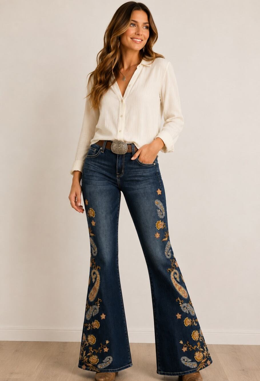 Grace in LA Women's 28 Embroidered Paisley Floral Flared Jeans NWT Western Boho